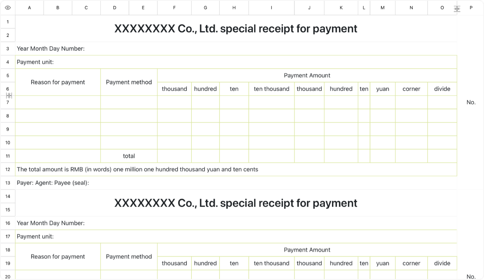 Template for company specific payment receipt form